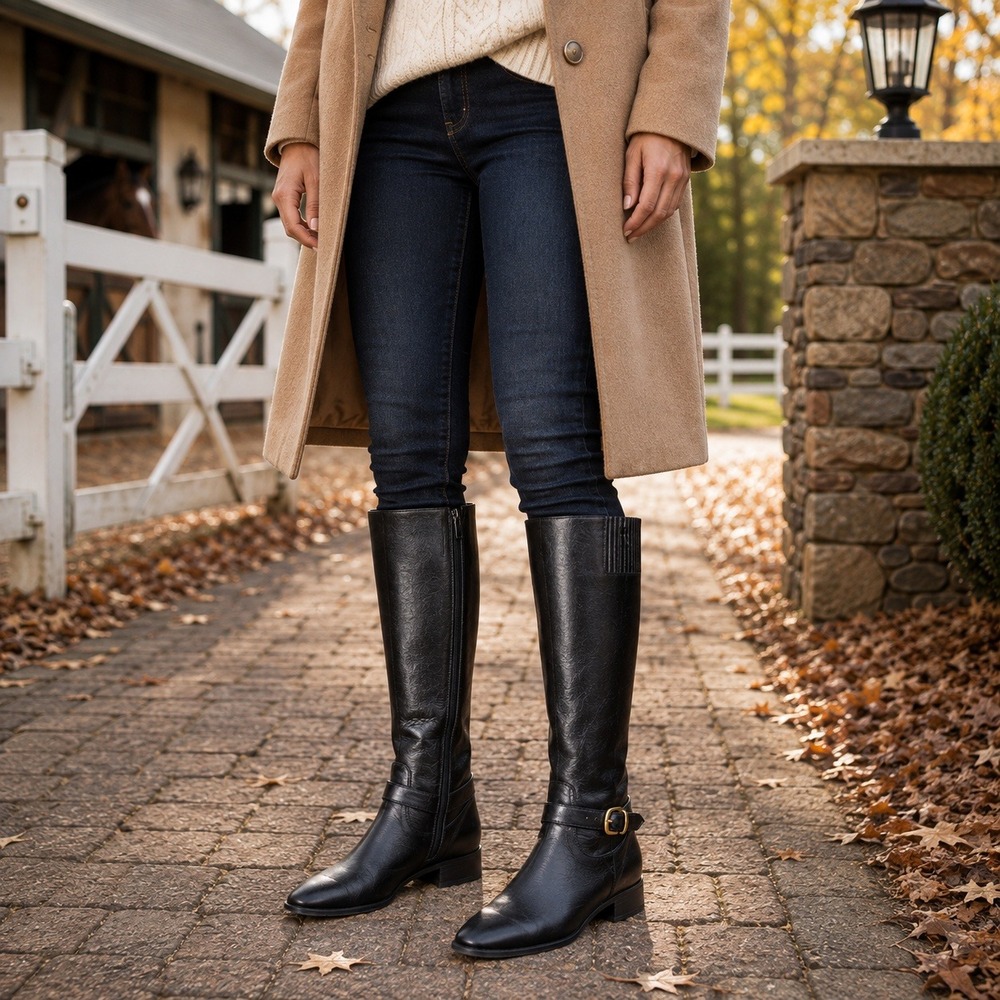 Talbots Riding Boots Knee High Leather Equestrian Buckle Black Womens Narrow 8AA